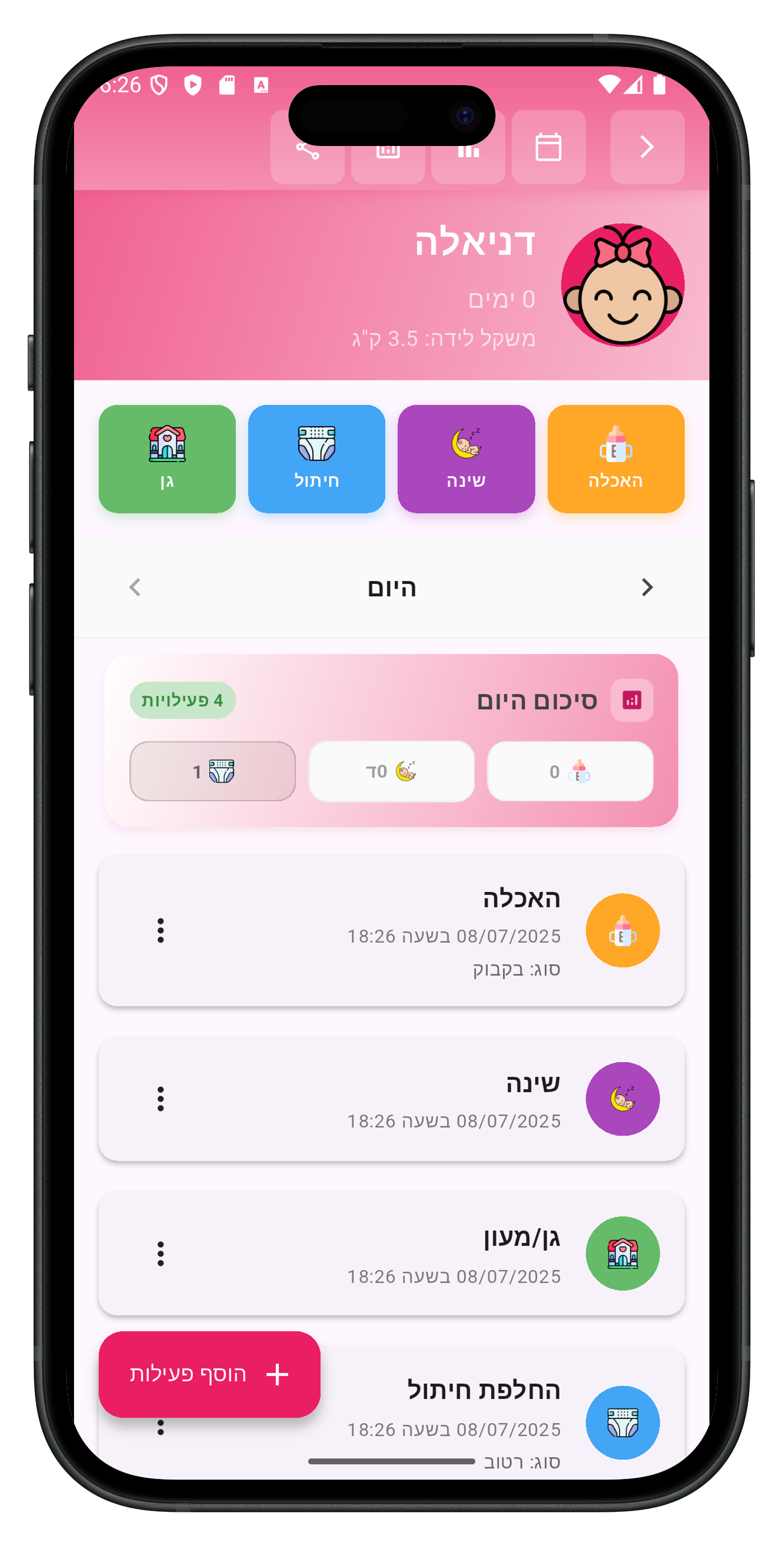 מעקב טעימות ופעולות יומיות בתינוק